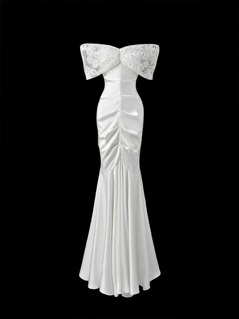 White Off Shoulder Wedding Dress - Satin Evening Dress with Lace - Mermaid Style Evening Gown Plus Size